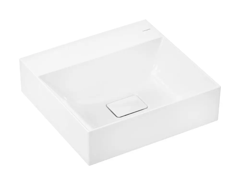 Weißes, rechteckiges Waschbecken von Hansgrohe ohne Hahnloch und Überlauf, mit glatter, leicht gewölbter Innenfläche und quadratischem Ablauf.